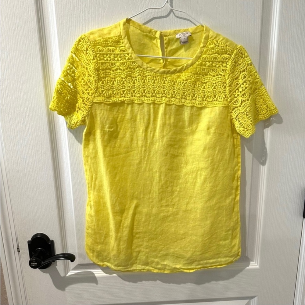 JCrew Yellow Lace and Crochet Short Sleeve Linen Top